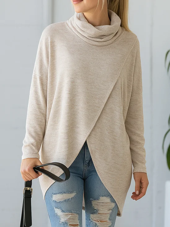 Women's Long Sleeve T-shirt Spring/Fall Apricot Plain Split Joint Mock Neck Daily Going Out Casual Top