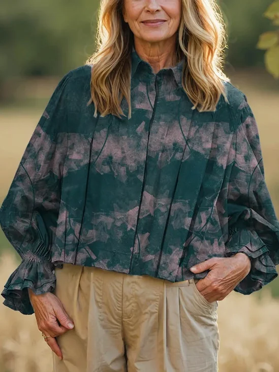 Shawl Collar Gradient Pattern Loose Casual Shirt