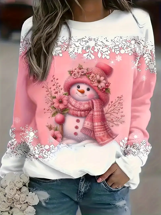 Women's Long Sleeve T-shirt Spring/Fall Pink Christmas Printing Jersey Crew Neck Daily Going Out Casual Top