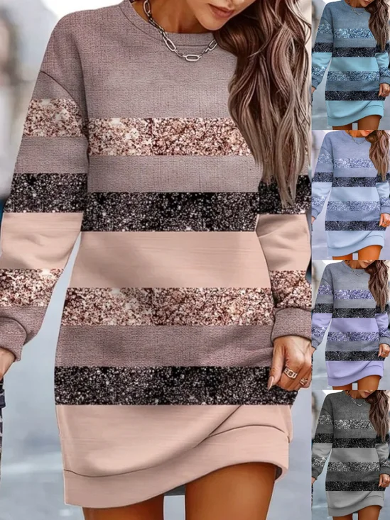 Women's Long Sleeve Spring/Fall Khaki Color Block Split Joint Crew Neck Daily Going Out Vintage Mini A-Line Hip Skirt Dress