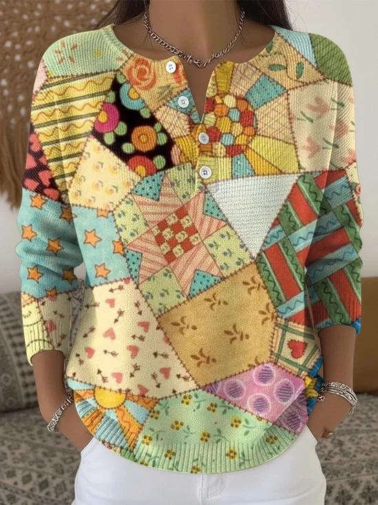 Crew Neck Loose Casual Geometric Sweater