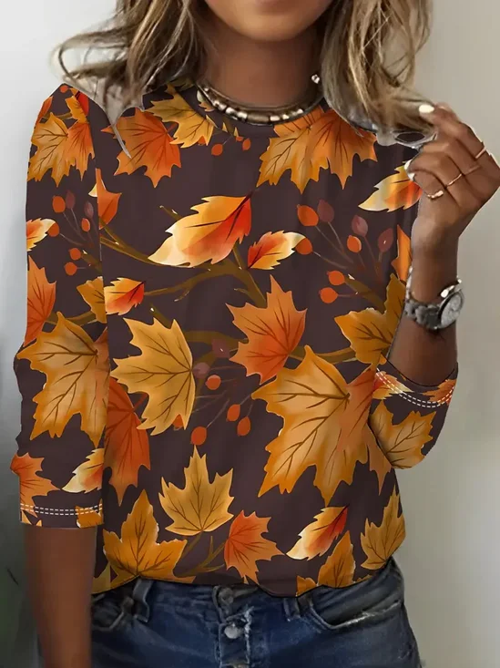 Women's Long Sleeve T-shirt Spring/Fall Brown Maple Leaf Printing Jersey Crew Neck Daily Going Out Casual Top