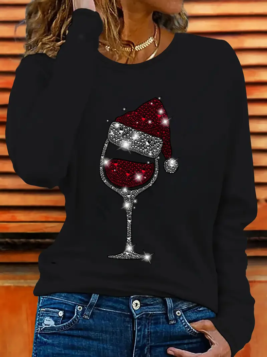 Women's Long Sleeve T-shirt Spring/Fall Black Christmas Printing Jersey Crew Neck Daily Going Out Casual Top