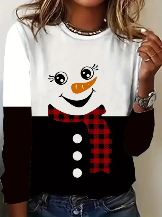 Women's Long Sleeve T-shirt Spring/Fall Black-white Christmas Snowman Printing Jersey Crew Neck Daily Going Out Casual Top