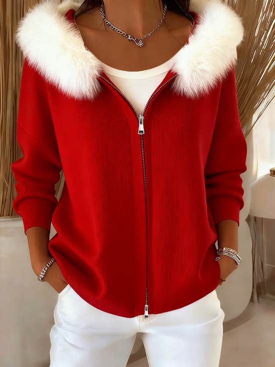 Women's Christmas Classic Fur Collar Zip Hoodie