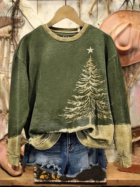 Casual Christmas Tree Printing Loose Sweatshirt