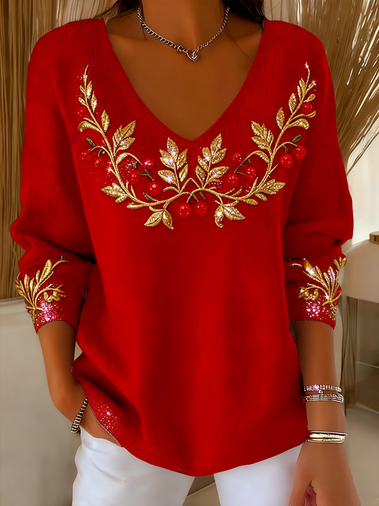Women's Long Sleeve T-shirt Spring/Fall Red Christmas Printing V Neck Daily Going Out Casual Top