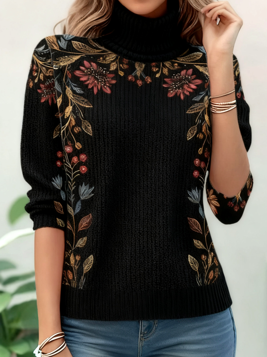 Turtleneck Loose Vintage Floral Sweater