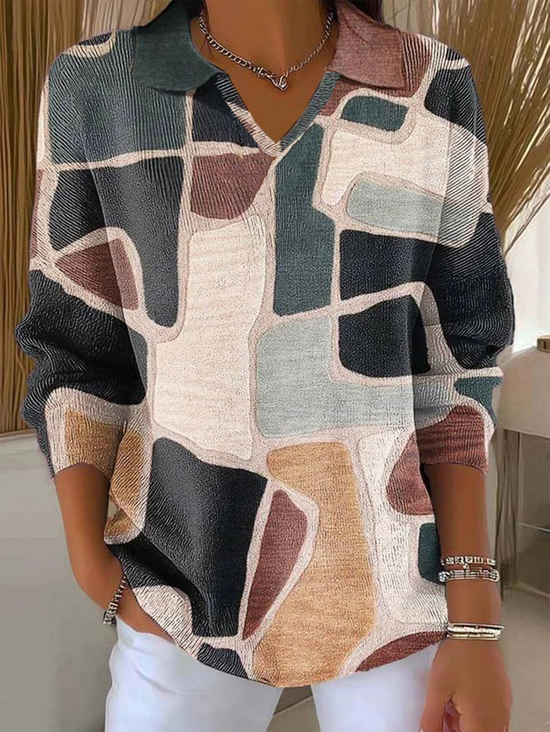 Casual V Neck Loose Abstract Sweater