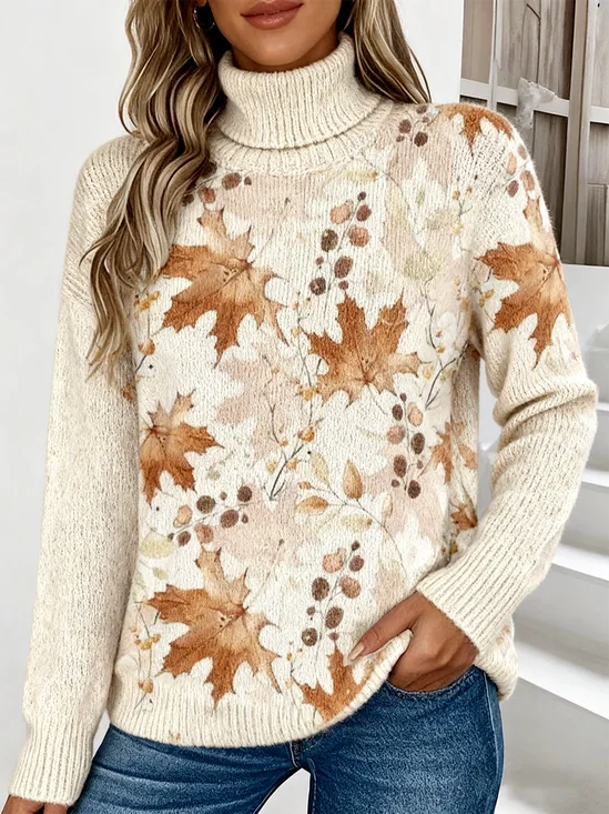 Maple Leaf Turtleneck Casual Sweater