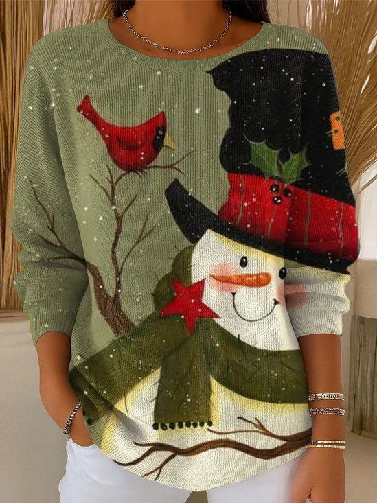 Crew Neck Casual Christmas Snowman Printing Sweater
