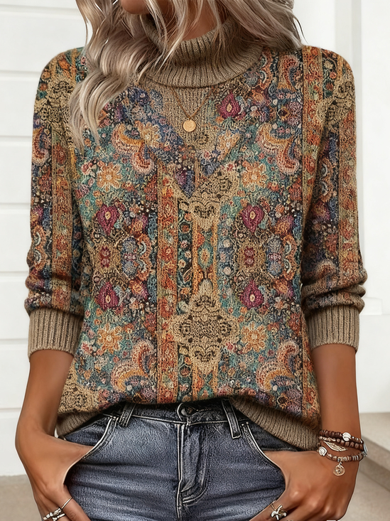Vintage Geometric Turtleneck Loose Sweater
