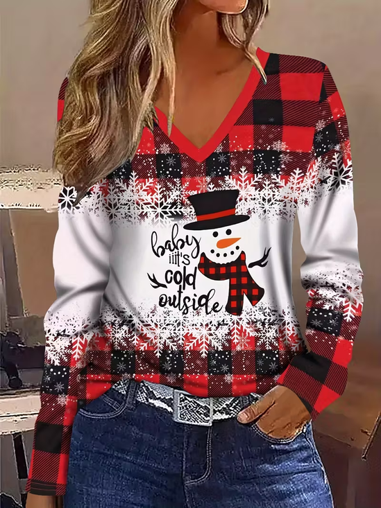 Women's Long Sleeve T-shirt Spring/Fall Red Christmas Snowman Printing Jersey V Neck Daily Going Out Casual Top