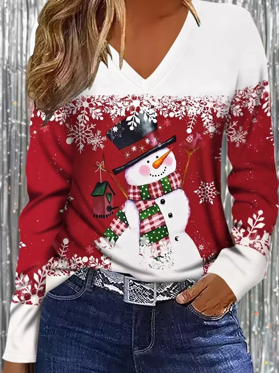 Women's Long Sleeve T-shirt Spring/Fall Red Christmas Snowman Printing Jersey V Neck Daily Going Out Casual Top