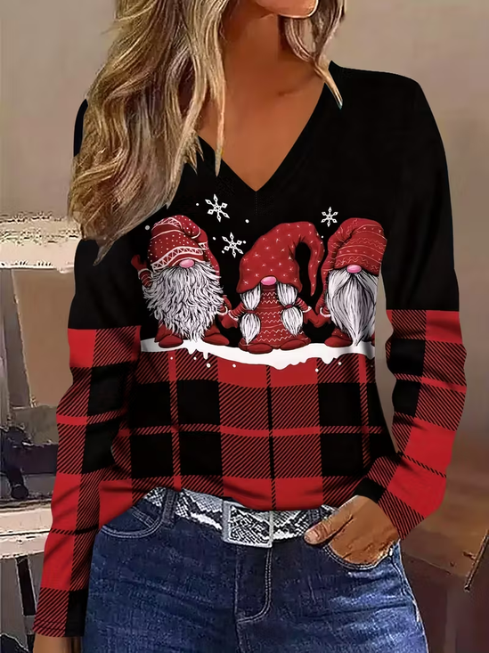 Women's Long Sleeve T-shirt Spring/Fall Black-red Christmas Printing Jersey V Neck Daily Going Out Casual Top