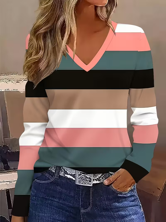 Women's Long Sleeve T-shirt Spring/Fall As Picture Striped Printing Jersey V Neck Daily Going Out Casual Top