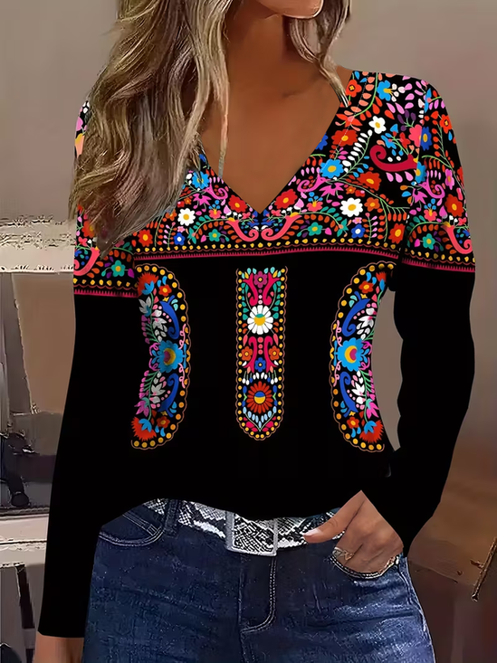 Women's Long Sleeve T-shirt Spring/Fall Black Ethnic Printing Jersey V Neck Daily Going Out Casual Top