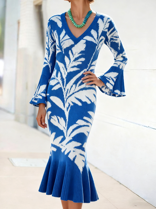 Knitted Sexy Floral Regular Fit Sweater Dress With No