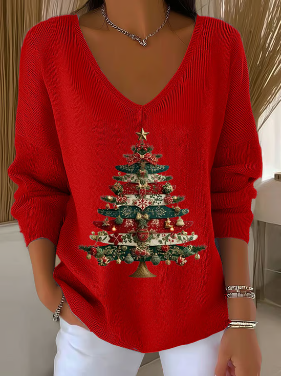 Women's Long Sleeve T-shirt Spring/Fall Red Christmas Printing V Neck Daily Going Out Casual Top