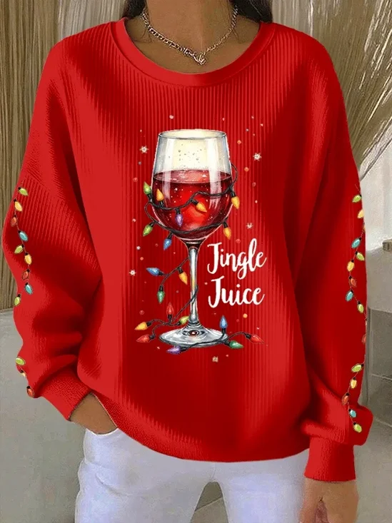 Casual Crew Neck Christmas Wine Glass Printing Sweatshirt