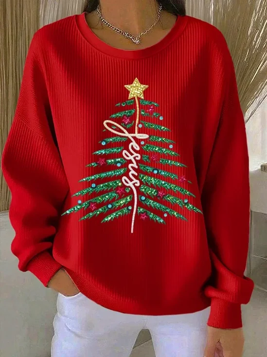 Crew Neck Printing Christmas Tree Casual Sweatshirt