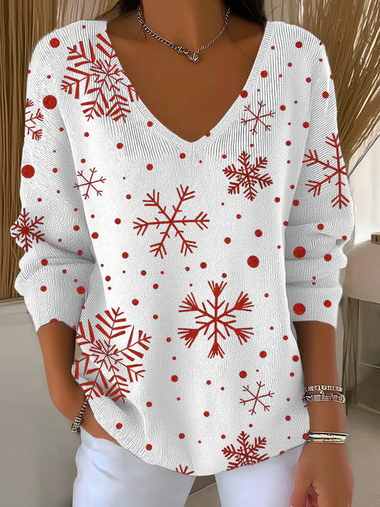 Women's Long Sleeve T-shirt Spring/Fall White Christmas Printing V Neck Daily Going Out Casual Top