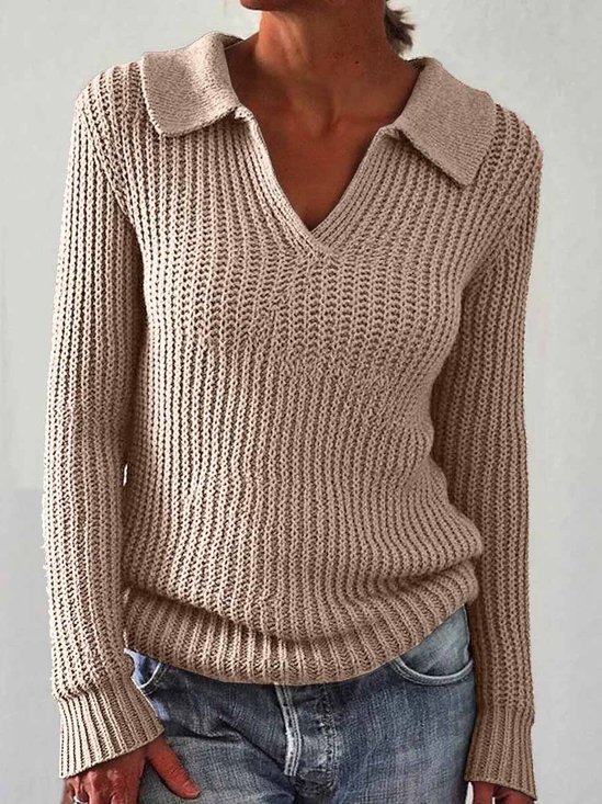 Casual Plain Polo Collar Sweater