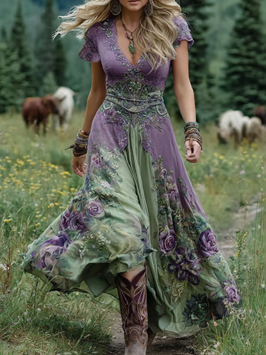 Casual V Neck Floral Regular Fit Dress With No