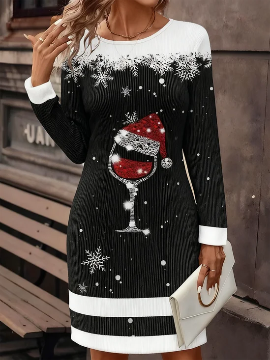 Fluff/Granular Fleece Fabric Christmas Casual Crew Neck Sweater Dress With No