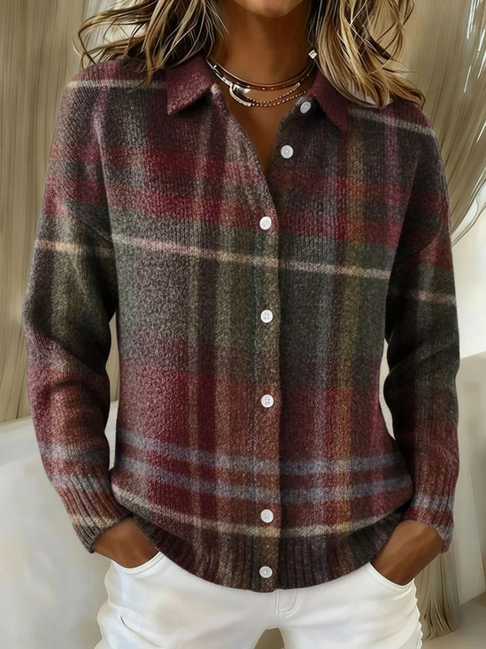 Women's Retro Plaid Casual Collared Button-Up Cardigan