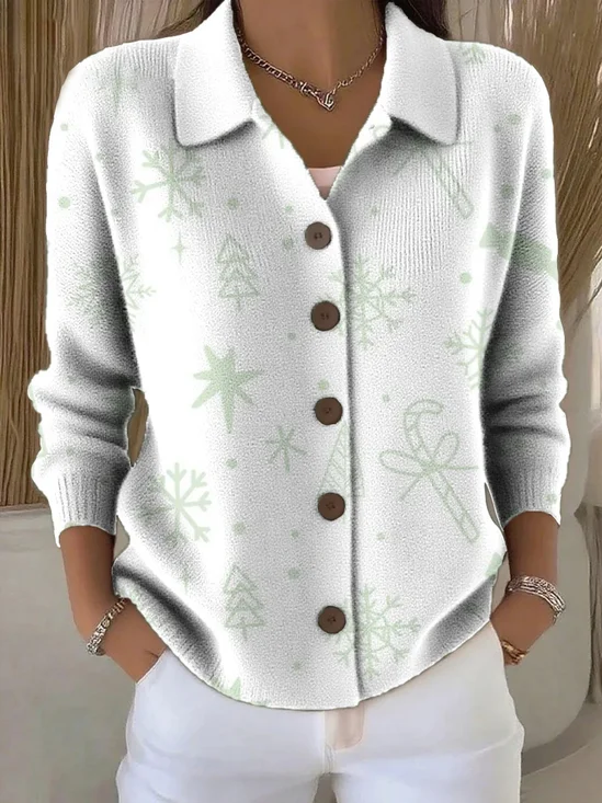 Women's Christmas Print Casual Button-Down Collar Cardigan
