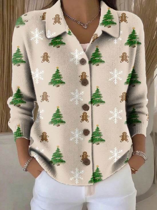 Women's Christmas Print Casual Button-Down Collar Cardigan