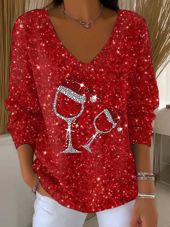 Women's Long Sleeve T-shirt Spring/Fall Red Christmas Printing V Neck Daily Going Out Casual Top
