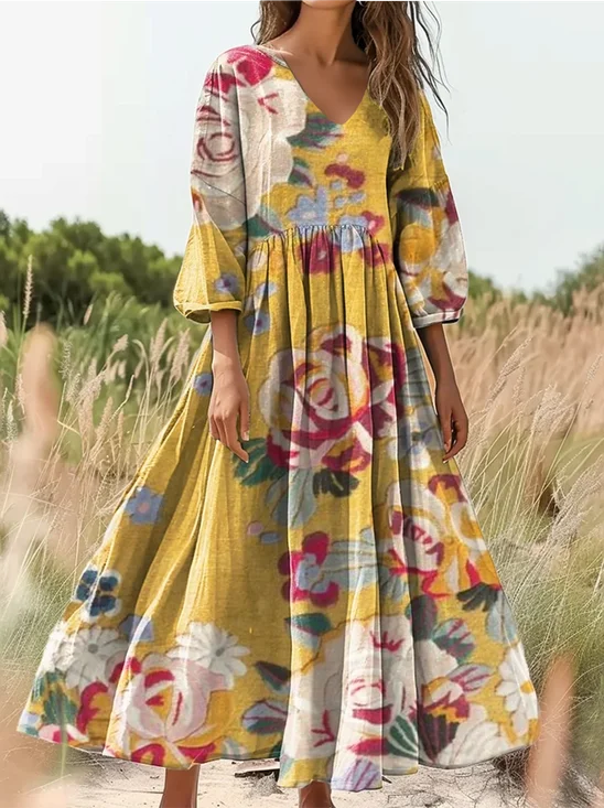 Women's Bohemian Floral Art Print Flowy Cotton Crew Neck Dress