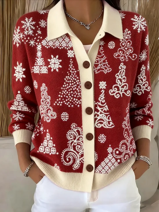 Knitted Casual Shawl Collar Christmas Tree Cardigan
