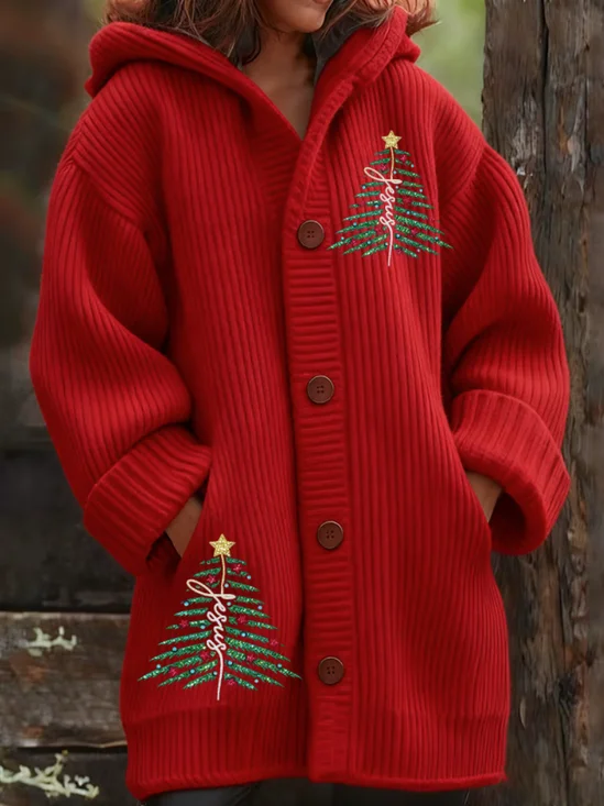 Christmas Tree Wool/Knitting Casual Loose Cardigan