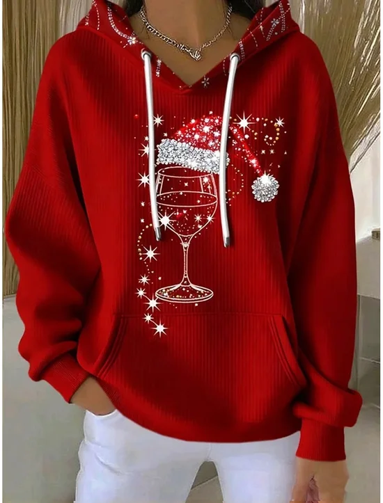 Loose Hoodie Christmas Wine Glass Casual Hoodie