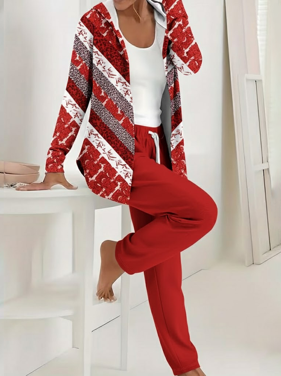 Women's Printing Abstract Daily Going Out Two-Piece Set Red Casual Spring/Fall Coat With Pants Matching Set
