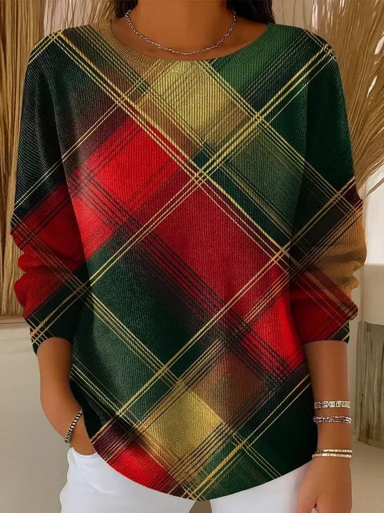 Plaid Casual Crew Neck Printing Sweater