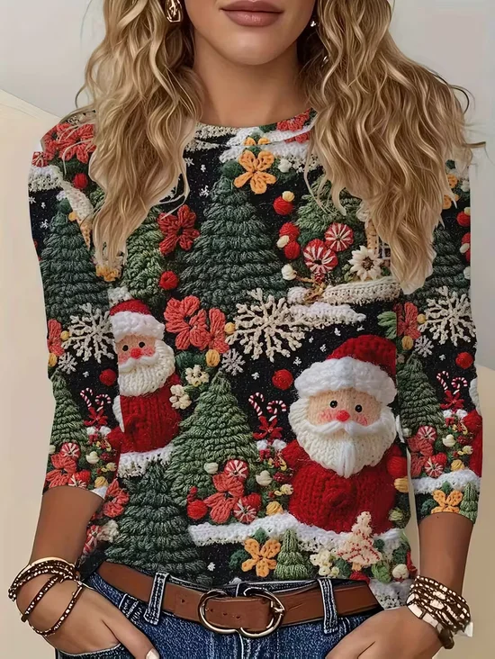 Women's Long Sleeve T-shirt Spring/Fall As Picture Santa Claus Printing Jersey Crew Neck Daily Going Out Casual Top