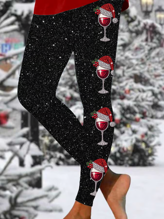 Printing Christmas Wine Glass Casual Tight Leggings