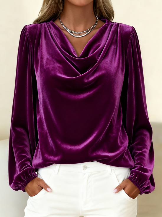 Plain Cowl Neck Elegant Balloon Sleeve Loose T-Shirt