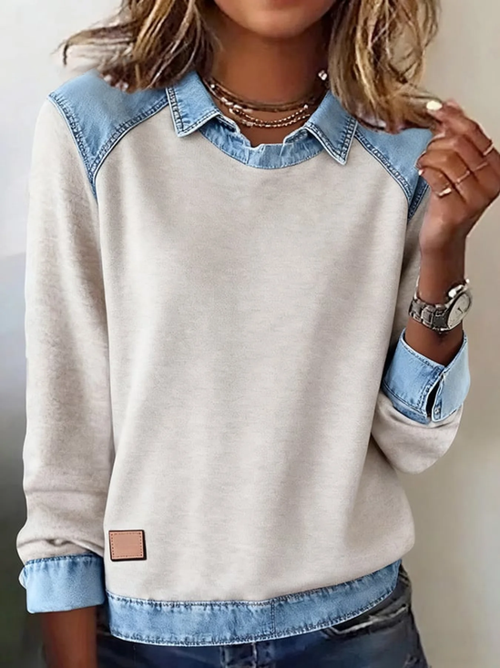 Women'S Casual Lapel Denim Stitching Pullover Sweatshirt
