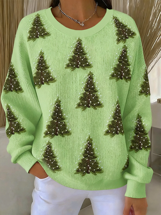 Casual Printing Crew Neck Christmas Tree Sweatshirt