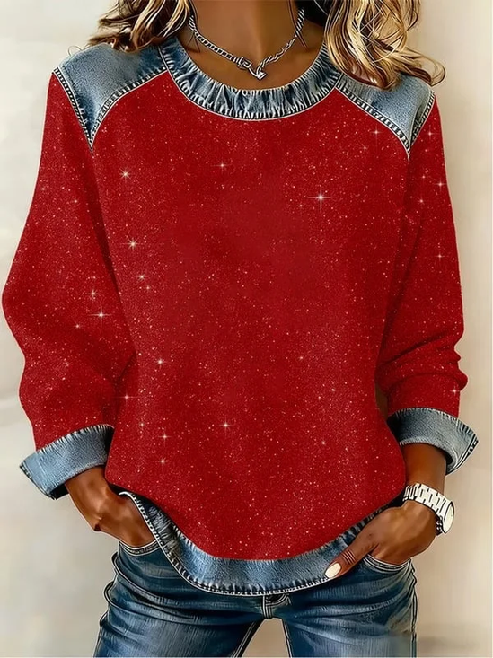 Women's Casual Christmas Print Crew Neck Denim Patchwork Sweatshirt