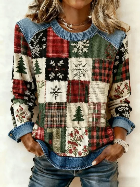 Women's Casual Christmas Print Crew Neck Denim Patchwork Sweatshirt