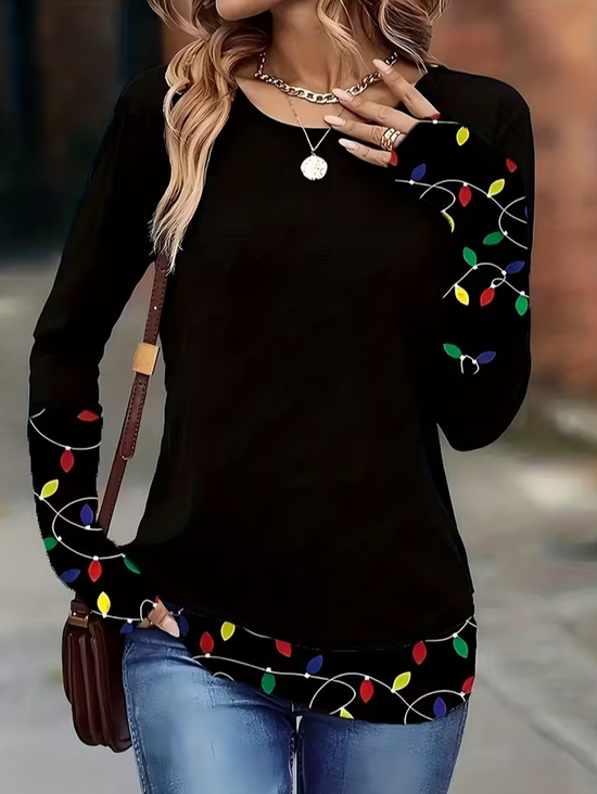 Women's Long Sleeve T-shirt Spring/Fall Black Christmas Printing Jersey Crew Neck Daily Going Out Casual Top