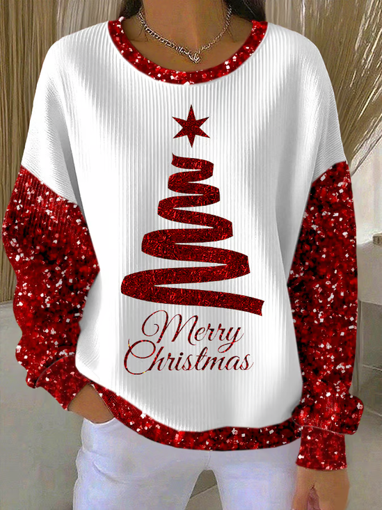 Printing Christmas Tree Casual Crew Neck Sweatshirt