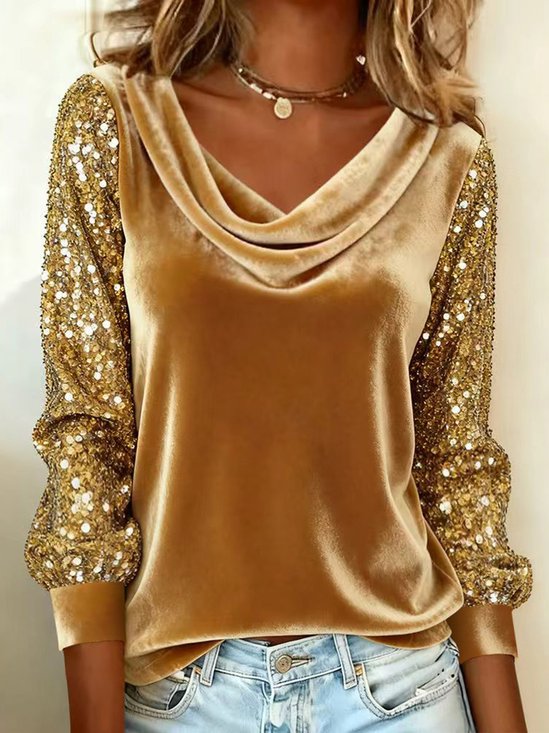 Women's Long Sleeve T-shirt Spring/Fall Golden Plain Glitter Cowl Neck Daily Going Out Vintage Top