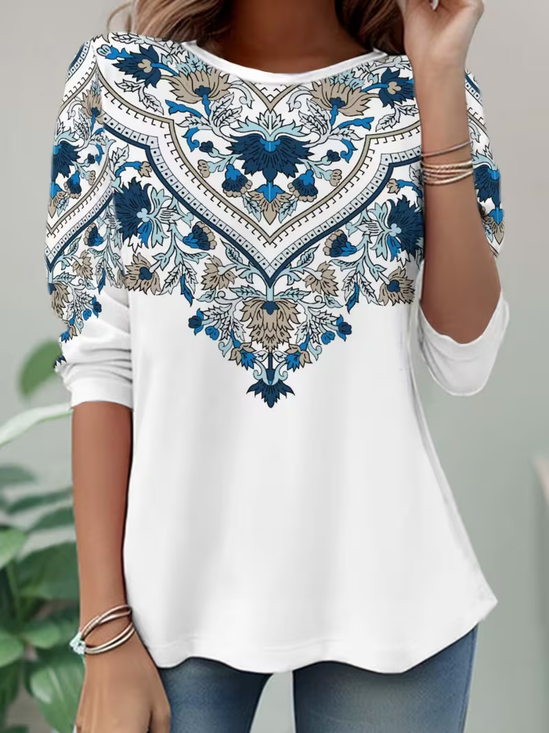 Women's Long Sleeve T-shirt Spring/Fall White Ethnic Jersey Crew Neck Daily Going Out Casual Top